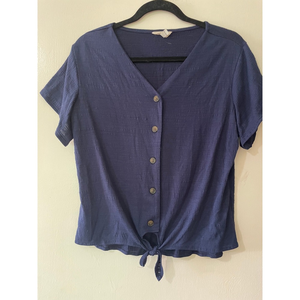 Weatherproof Vintage Navy Blue Short Sleeve Button Front Tie Hem Top Large